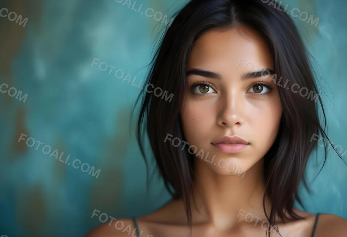 Young Woman With Medium Skin Tone Long Dark Hair And A Natural Makeup Look She Appears To Be Around 20 Years Old With A Soft Expression And Direct Gaze The Background Is A Textured Blue Green Color 6 D0f2