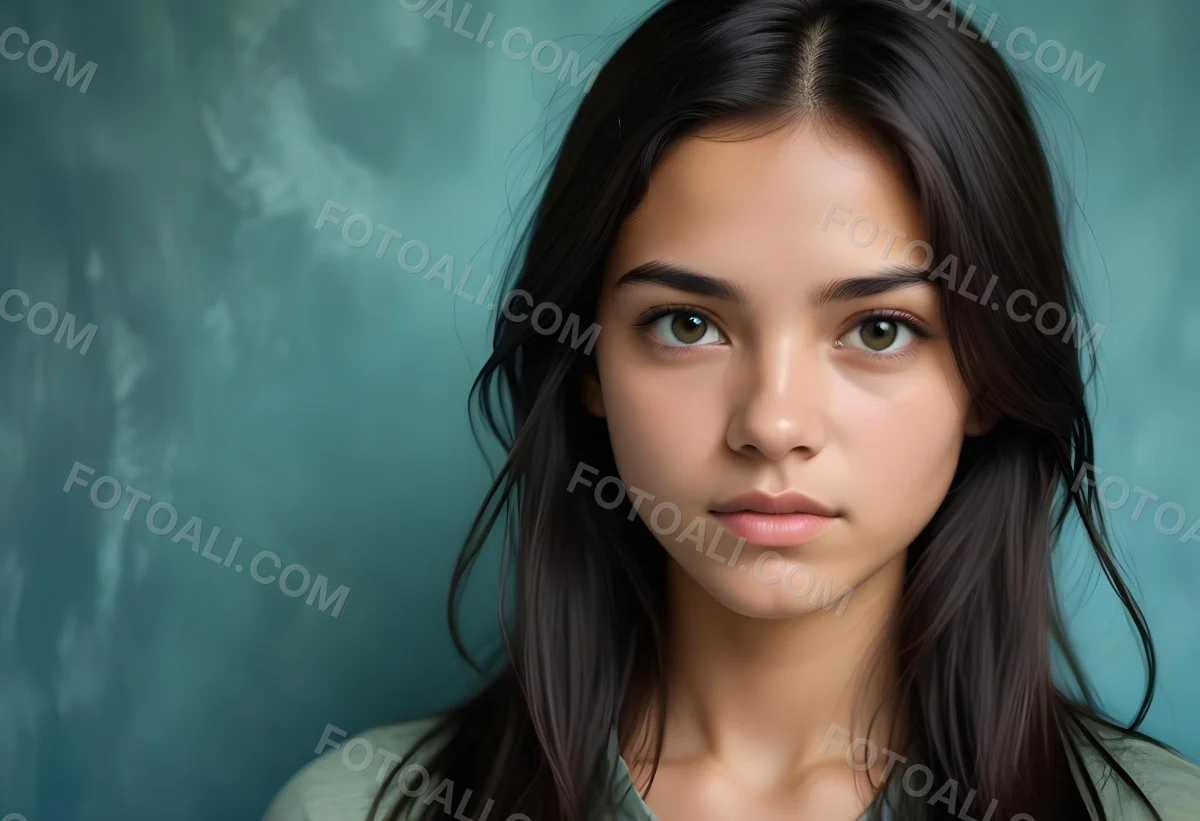 Young Woman With Medium Skin Tone Long Dark Hair And A Natural Makeup Look She Appears To Be Around 20 Years Old With A Soft Expression And Direct Gaze The Background Is A Textured Blue Green Color 7 38cd