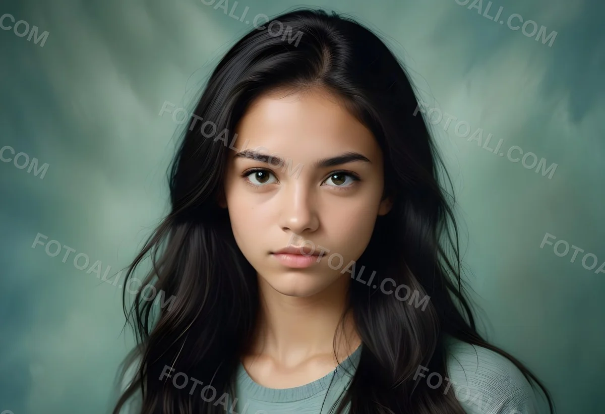 Young Woman With Medium Skin Tone Long Dark Hair And A Natural Makeup Look She Appears To Be Around 20 Years Old With A Soft Expression And Direct Gaze The Background Is A Textured Blue Green Color 9 9bb5
