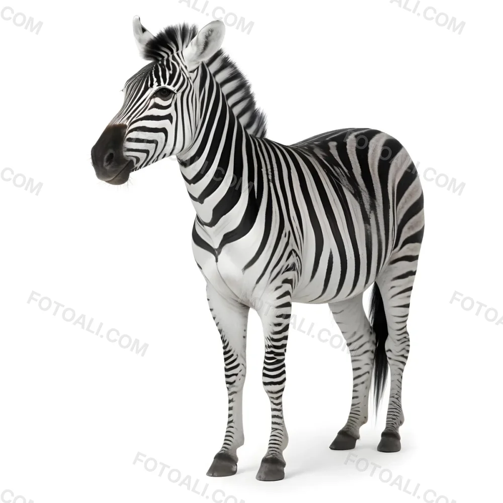 Zebra With Black And White Stripes Short Mane Standing On A White Background Looking To The Left With A Slightly Open Mouth 1 3f72
