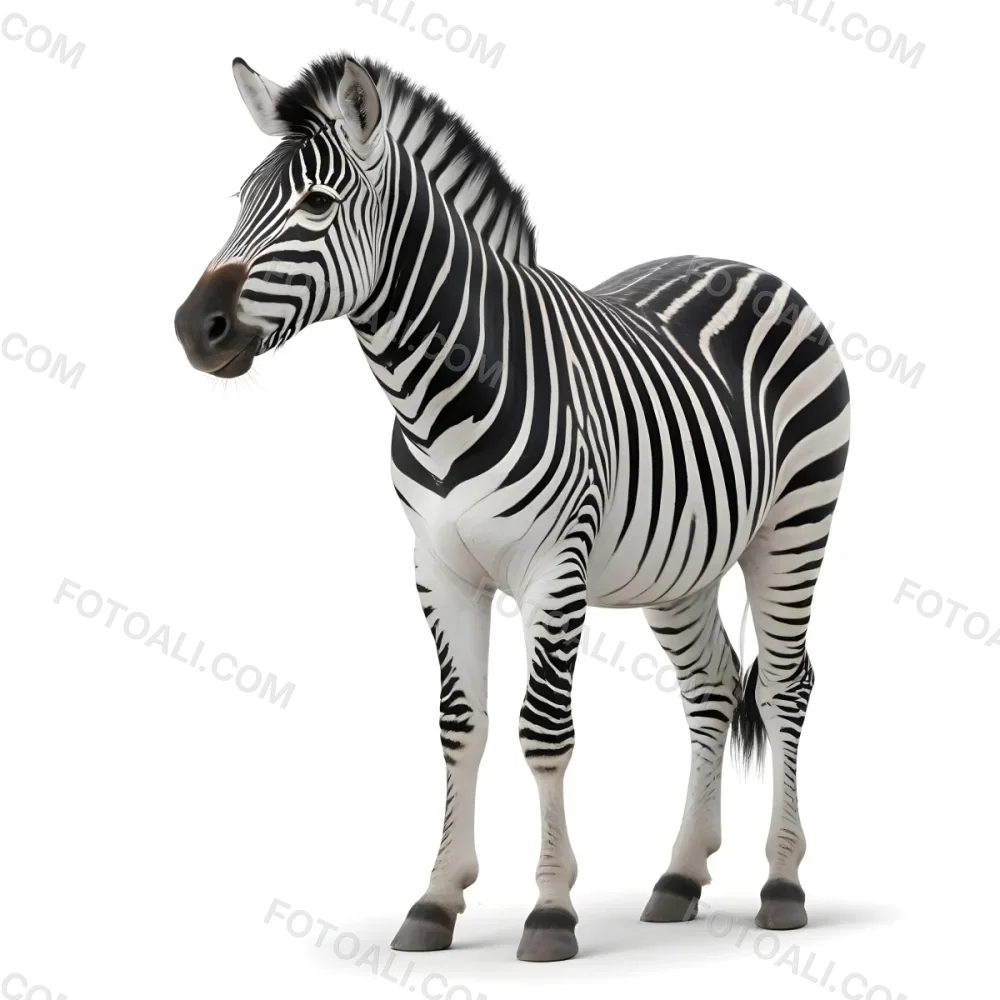 Zebra With Black And White Stripes Short Mane Standing On A White Background Looking To The Left With A Slightly Open Mouth 10 2174