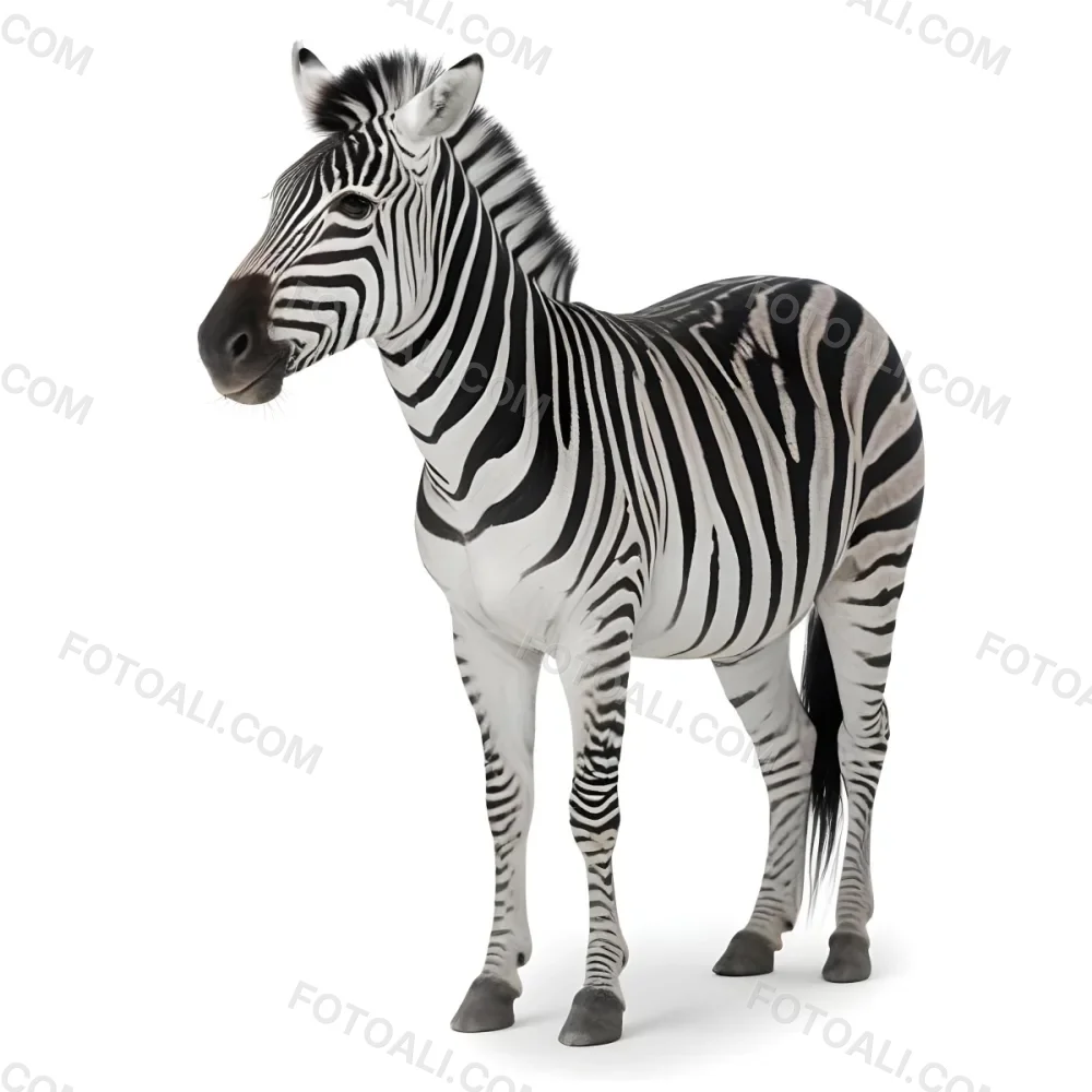 Zebra With Black And White Stripes Short Mane Standing On A White Background Looking To The Left With A Slightly Open Mouth 13 273f