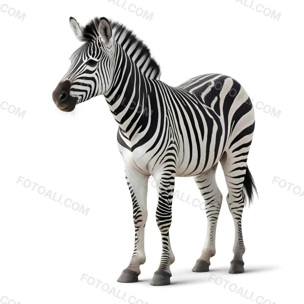 Zebra With Black And White Stripes Short Mane Standing On A White Background Looking To The Left With A Slightly Open Mouth 14 48bd