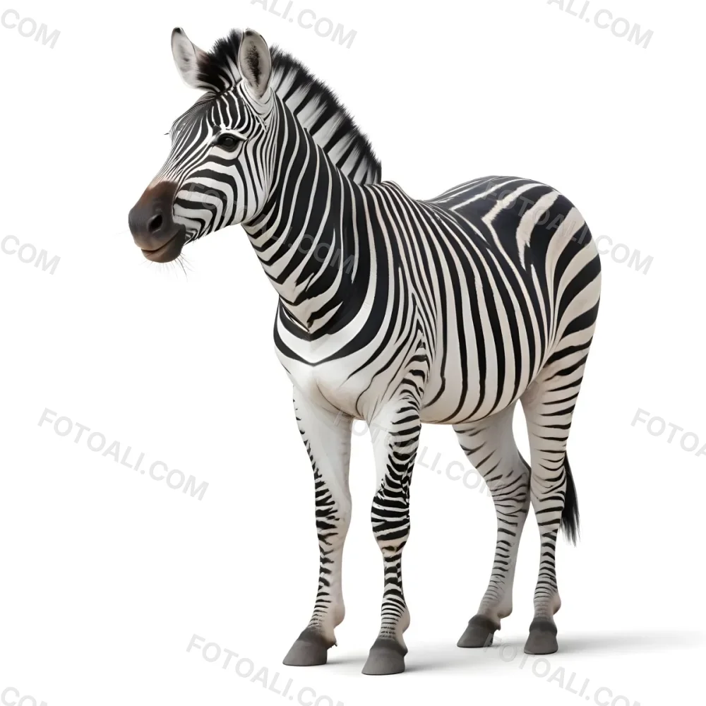 Zebra With Black And White Stripes Short Mane Standing On A White Background Looking To The Left With A Slightly Open Mouth 20 A451