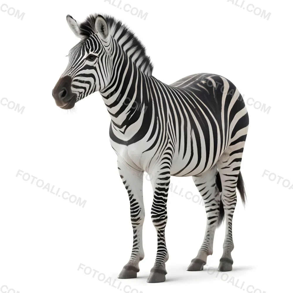 Zebra With Black And White Stripes Short Mane Standing On A White Background Looking To The Left With A Slightly Open Mouth 21 9c4c
