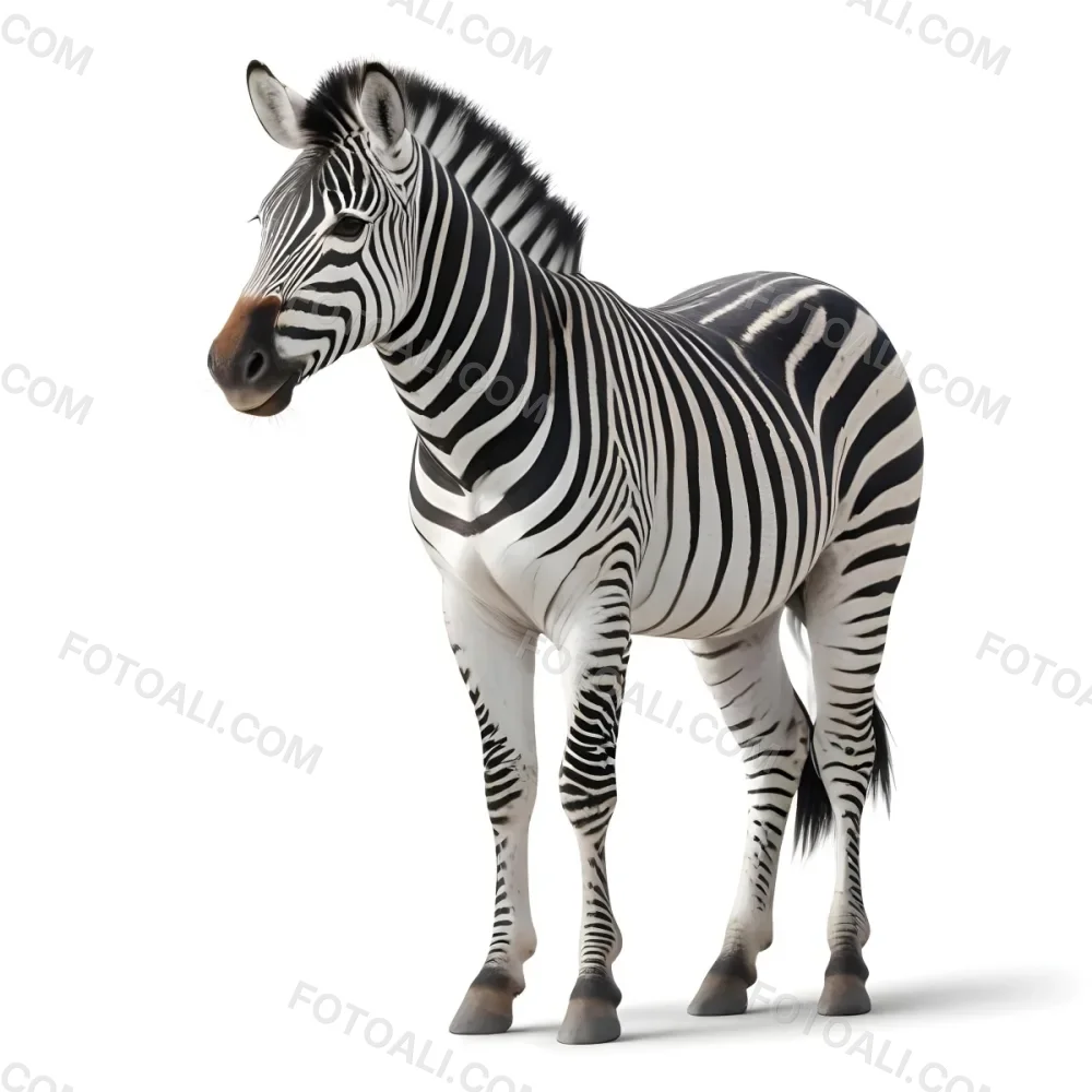 Zebra With Black And White Stripes Short Mane Standing On A White Background Looking To The Left With A Slightly Open Mouth 22 2f45