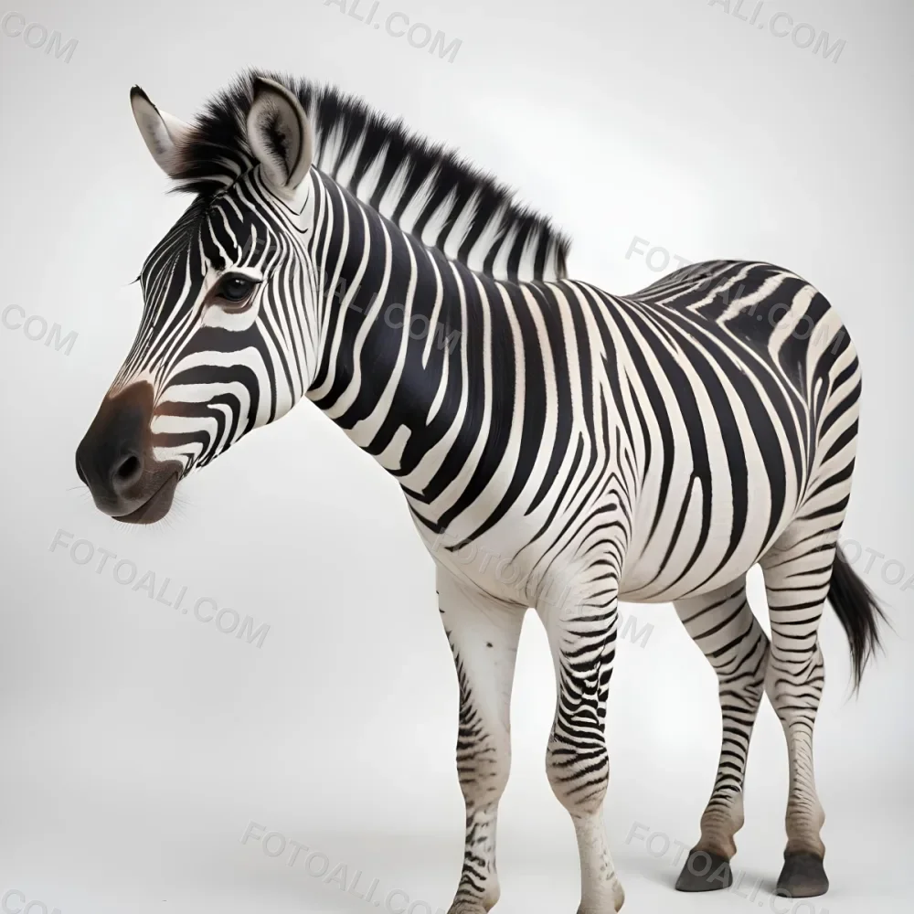 Zebra With Black And White Stripes Short Mane Standing On A White Background Looking To The Left With A Slightly Open Mouth 32 1dc7
