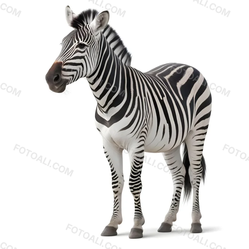 Zebra With Black And White Stripes Short Mane Standing On A White Background Looking To The Left With A Slightly Open Mouth 34 C0b6
