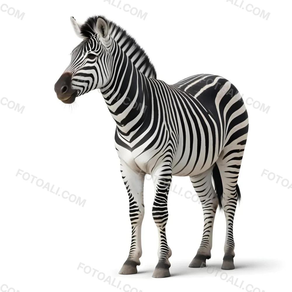 Zebra With Black And White Stripes Short Mane Standing On A White Background Looking To The Left With A Slightly Open Mouth 4 2ca5