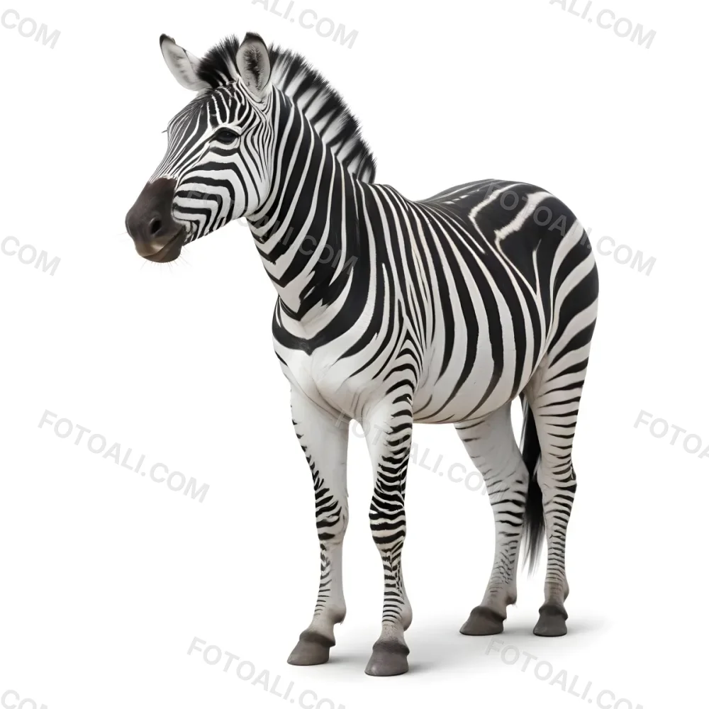 Zebra With Black And White Stripes Short Mane Standing On A White Background Looking To The Left With A Slightly Open Mouth 40 98e4