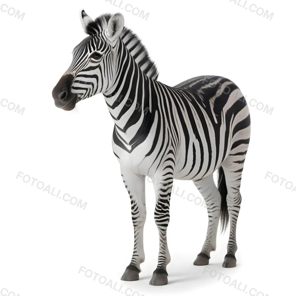 Zebra With Black And White Stripes Short Mane Standing On A White Background Looking To The Left With A Slightly Open Mouth 5 539b