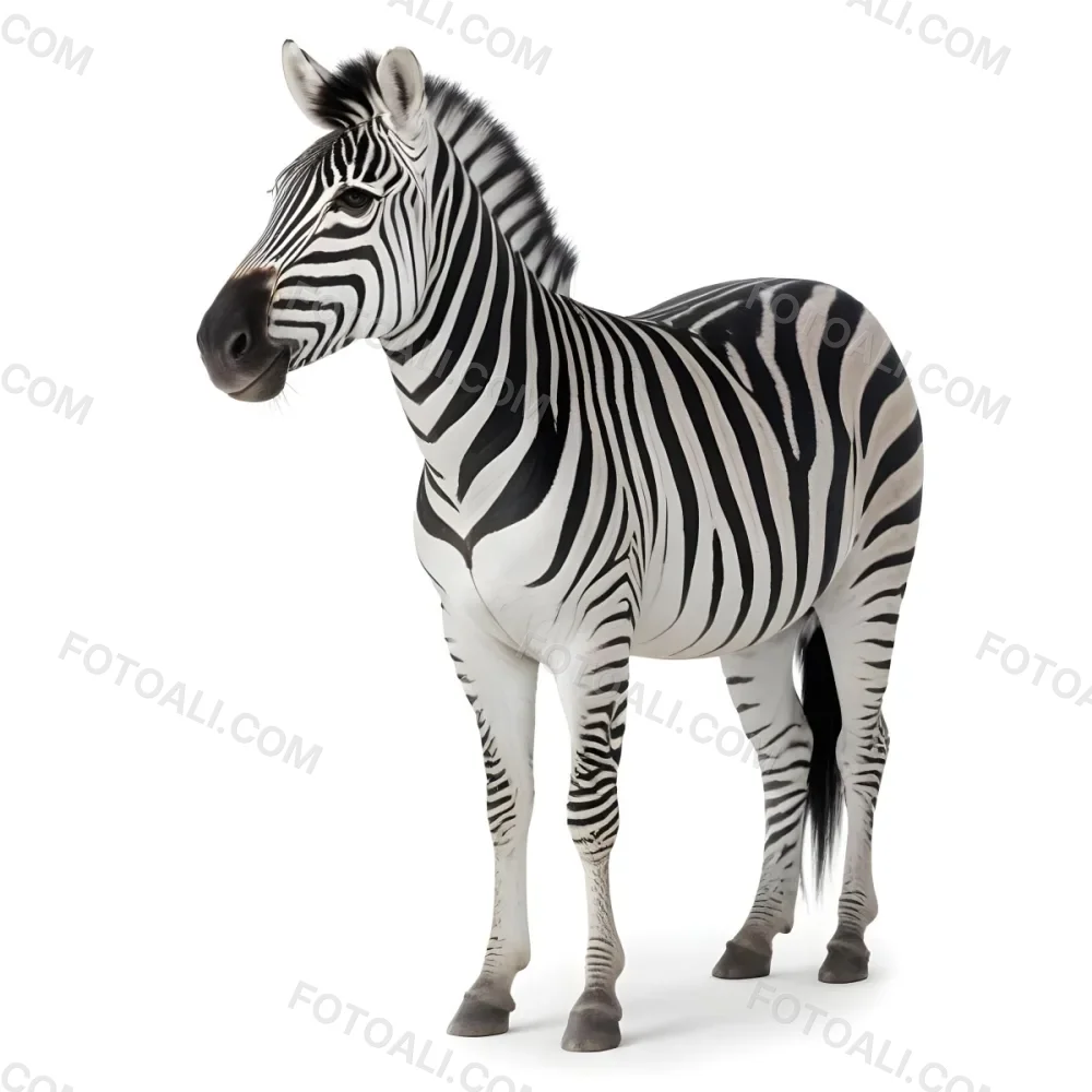 Zebra With Black And White Stripes Short Mane Standing On A White Background Looking To The Left With A Slightly Open Mouth 7 4f7b