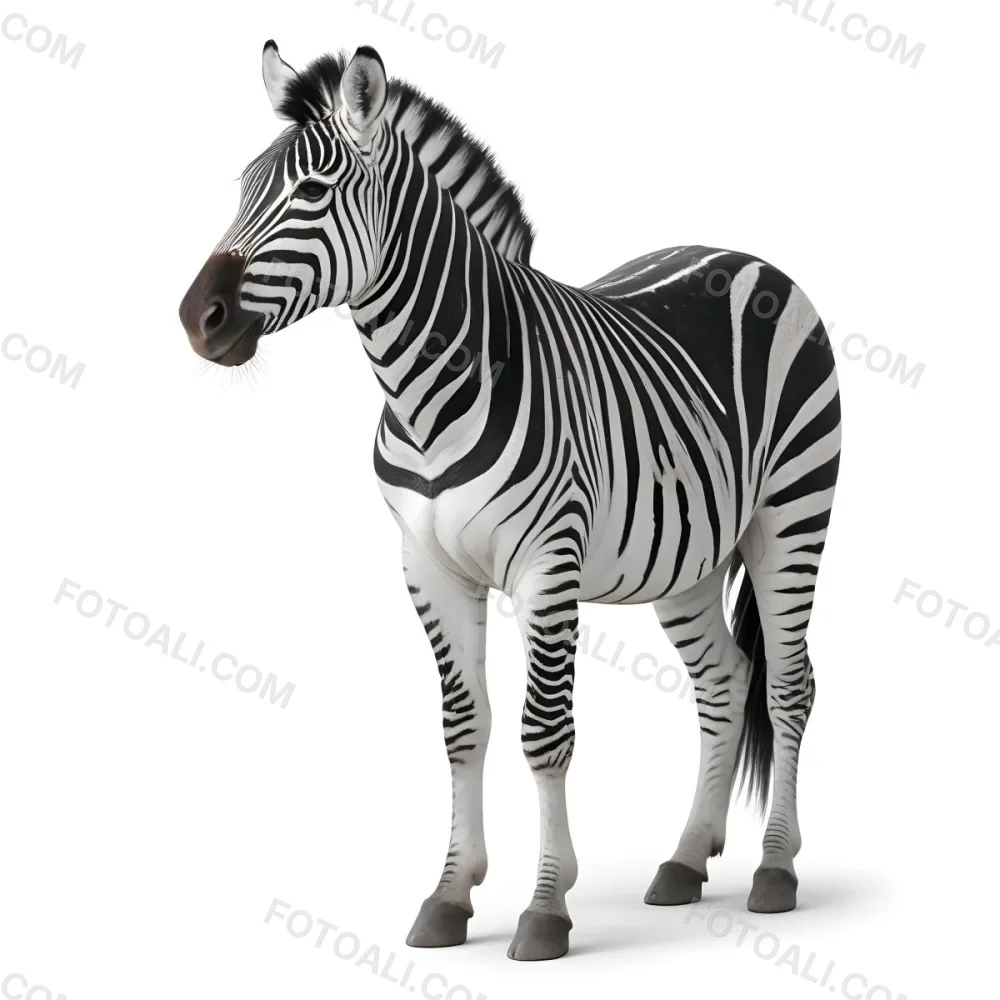 Zebra With Black And White Stripes Short Mane Standing On A White Background Looking To The Left With A Slightly Open Mouth 8 D3f4