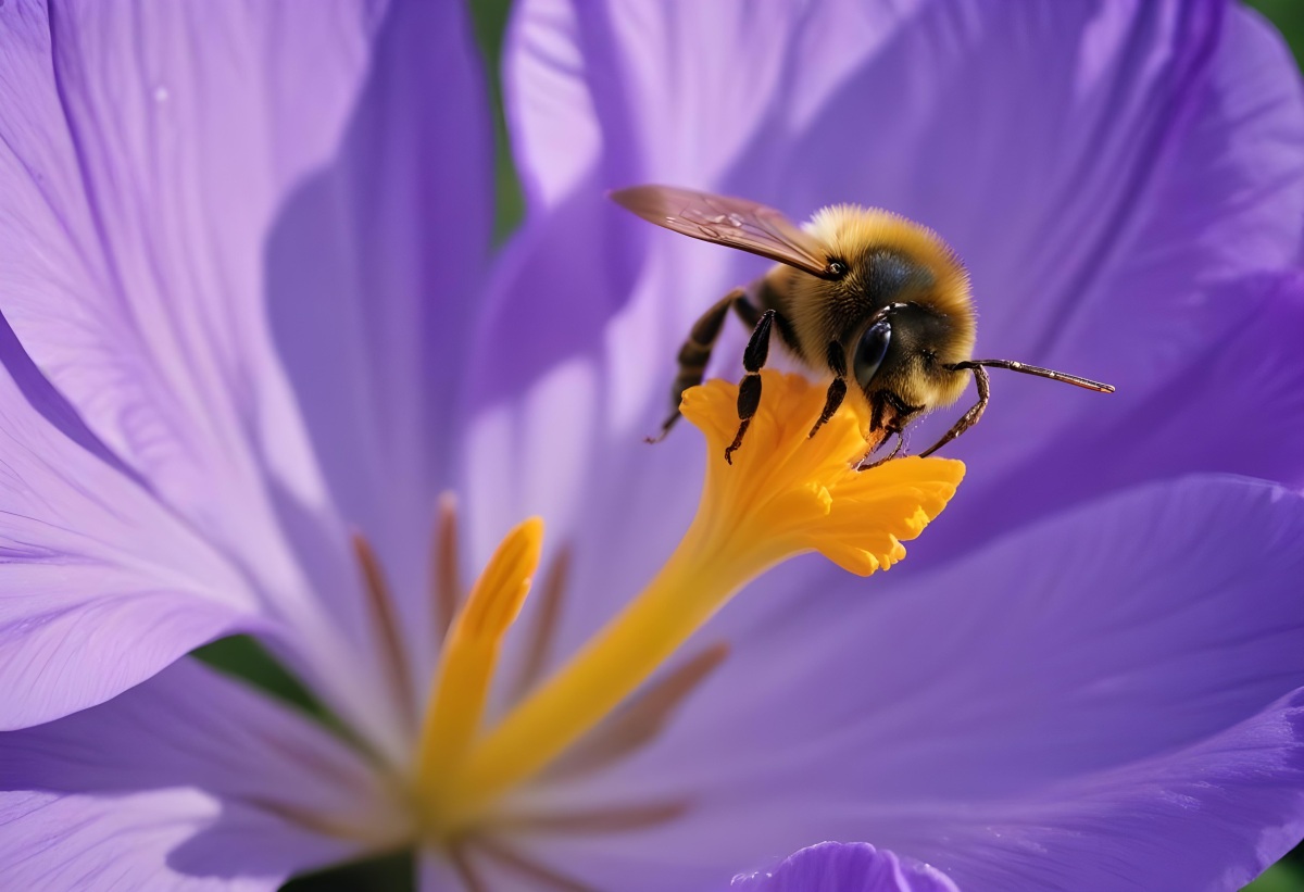 35mm Film Photography A Close Up Of A Bee Pollinating A Purple Crocus Flower With The Bee S Body And Wings Visible Against The Vibrant Purple Petals During Daytime In A Garden High Detail 1 6ae4
