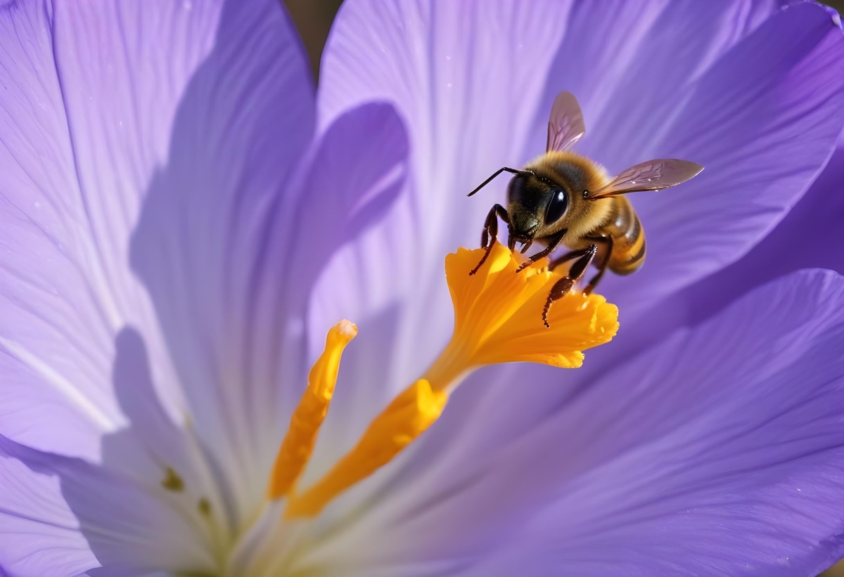 35mm Film Photography A Close Up Of A Bee Pollinating A Purple Crocus Flower With The Bee S Body And Wings Visible Against The Vibrant Purple Petals During Daytime In A Garden High Detail 2 B0a8