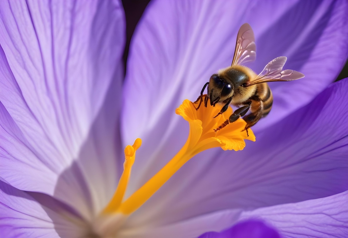 35mm Film Photography A Close Up Of A Bee Pollinating A Purple Crocus Flower With The Bee S Body And Wings Visible Against The Vibrant Purple Petals During Daytime In A Garden High Detail 3 Eccc