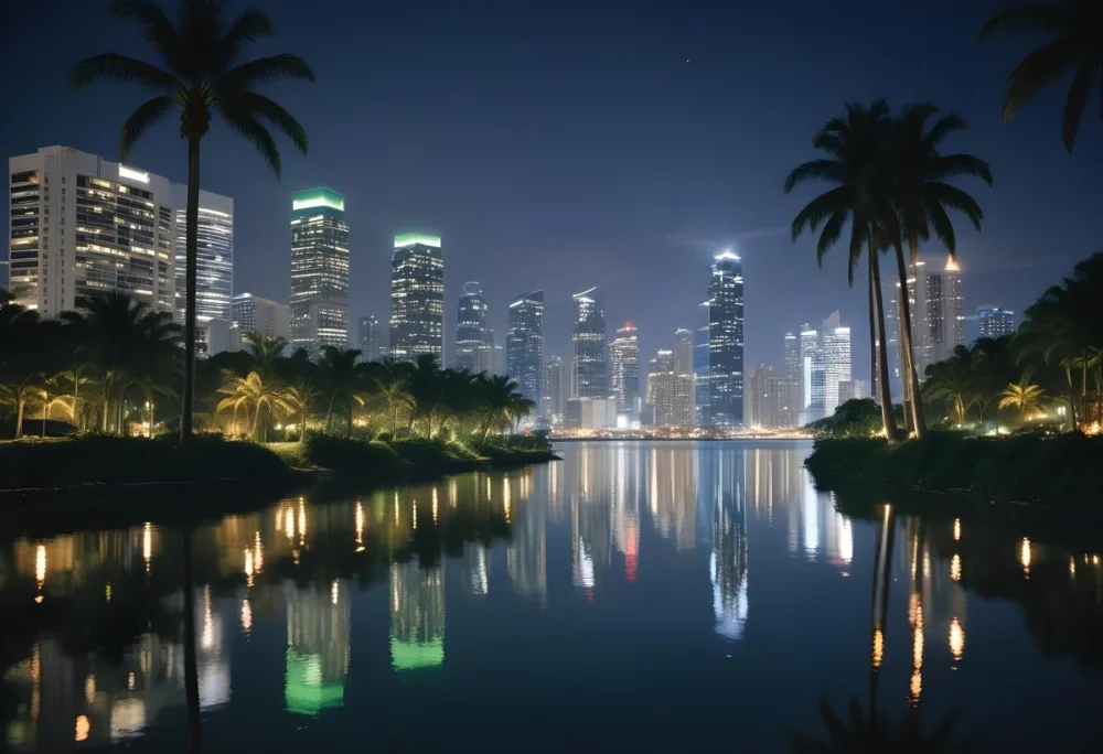 35mm Film Photography City Skyline At Night With Tall Buildings Illuminated Reflecting In A Body Of Water In The Foreground There Are Green Plants Along The Water S Edge And Palm Trees Are Visible The Background Fea 24 Db3f