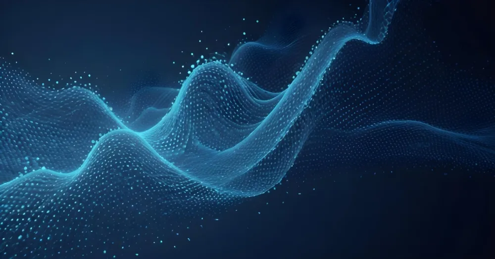 3d Model A Blue Background With A Pattern Of Small Glowing Dots Arranged In A Flowing Wave Like Formation Creating A Sense Of Movement And Depth Figure Octane Render Volumetric Highly Detailed Videogame Aesthetic E5be