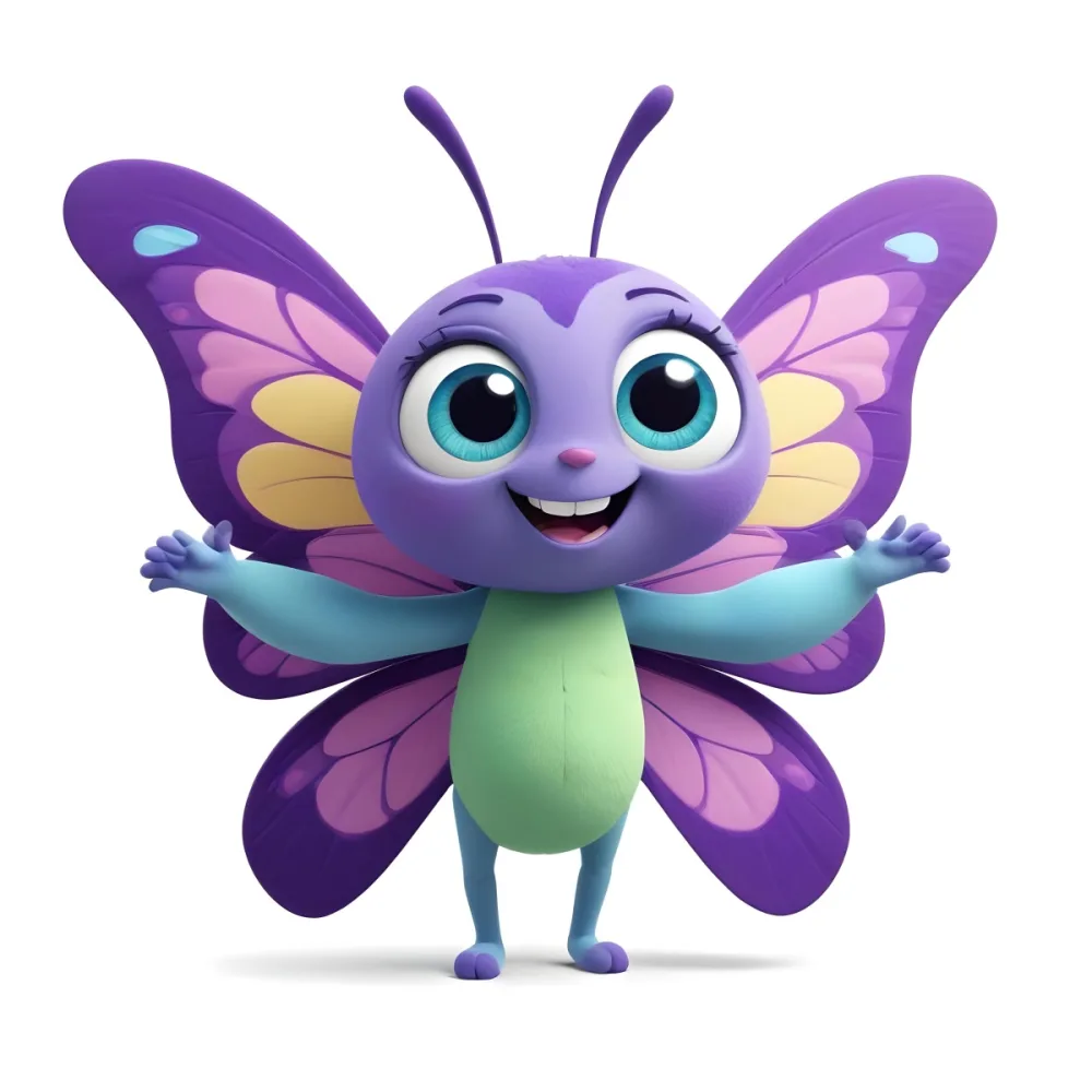 3d Model A Cartoon Butterfly Character With A Purple Body And Large Expressive Blue Eyes The Wings Are Purple With Blue And Green Accents And The Character Has A Cheerful Smile With Arms Outstretched In A Welcoming 17 E12f