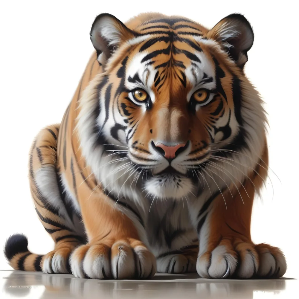 3d Model A Close Up Of A Tiger In A Crouching Position Showcasing Its Orange And Black Striped Fur Sharp Eyes And Powerful Build The Background Is Plain White Emphasizing The Tiger S Features And Stance Figure Oc 17 1539