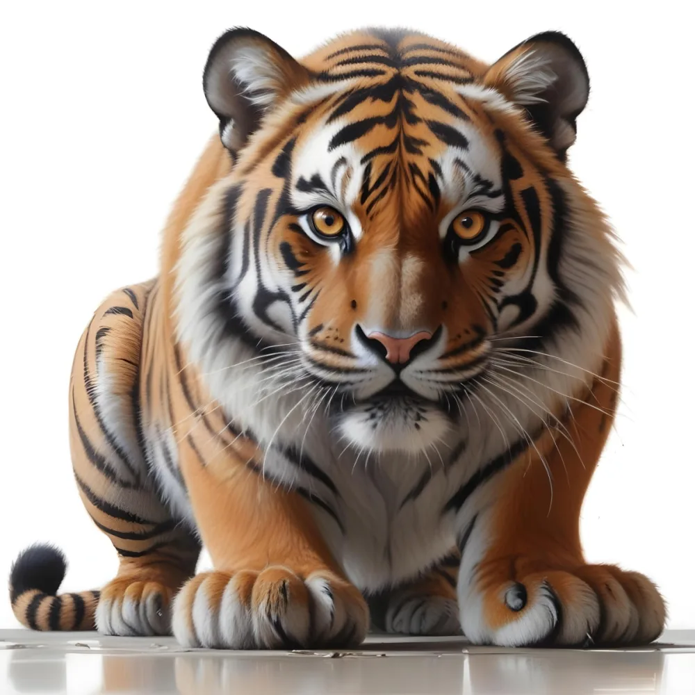 3d Model A Close Up Of A Tiger In A Crouching Position Showcasing Its Orange And Black Striped Fur Sharp Eyes And Powerful Build The Background Is Plain White Emphasizing The Tiger S Features And Stance Figure Oc 21 Fa72