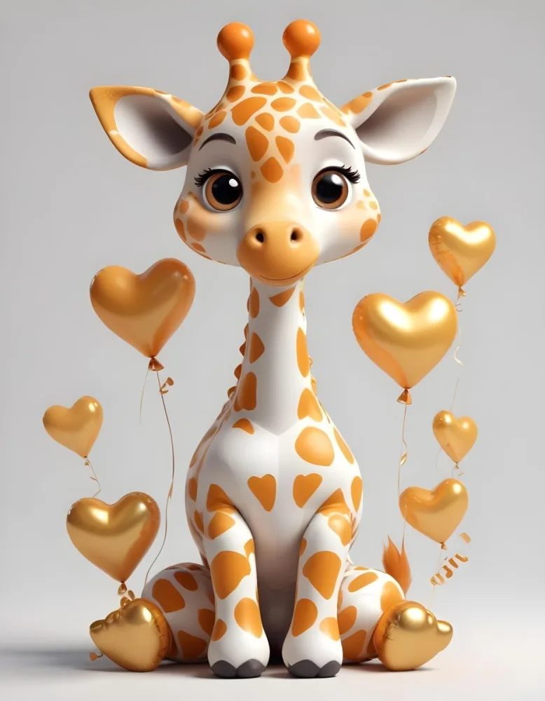3d Model A Cute Giraffe With Big Eyes White And Orange Skin Golden Heart Balloons Around It Sitting On The Floor White Background Figure Octane Render Volumetric Highly Detailed Videogame Aesthetic 3 Cbaf