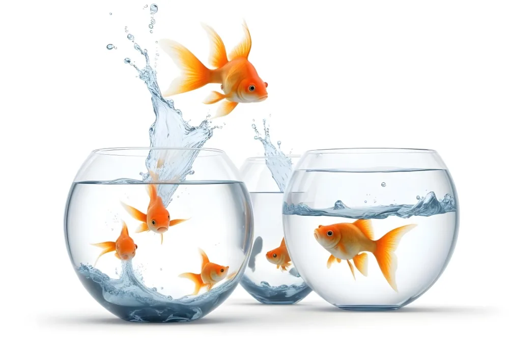 3d Model A Goldfish Jumping From A Small Fishbowl With Water Splashing To A Bigger Fishbowl With A Goldfish Inside White Background Figure Octane Render Volumetric Highly Detailed Videogame Aesthetic 40 3295