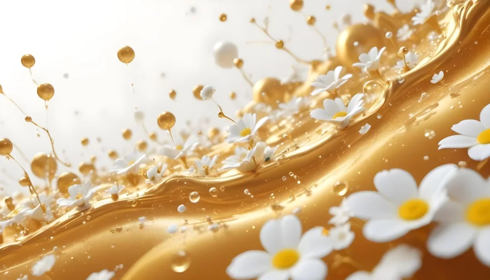 3d Model Golden Liquid With Bubbles Flowing Over A Surface Bright Light And Bokeh Effect Abstract Background With White Flowers Figure Octane Render Volumetric Highly Detailed Videogame Aesthetic 33 8e79