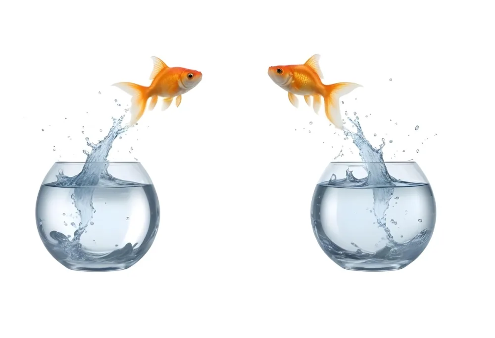 3d Model Two Goldfish Jumping Out Of A Fishbowl With Water Splash On A White Background Figure Octane Render Volumetric Highly Detailed Videogame Aesthetic 17 07e3