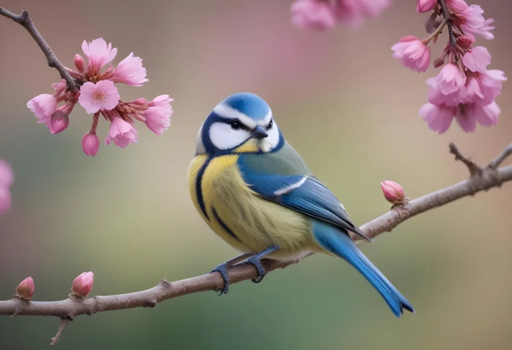 A Blue Tit Bird Perched On A Branch With Pink Flowers In The Background During Daytime 13 5924