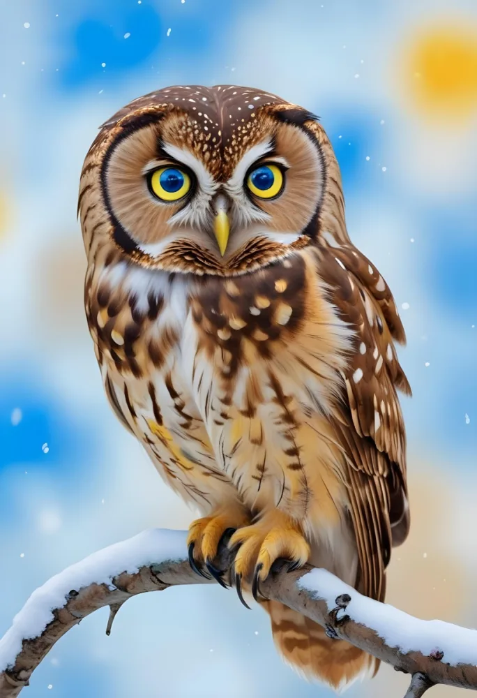 A Brown Owl With Yellow Spots Blue And Yellow Eyes Perched On A Branch With Snow Yellow Background 20 8d77