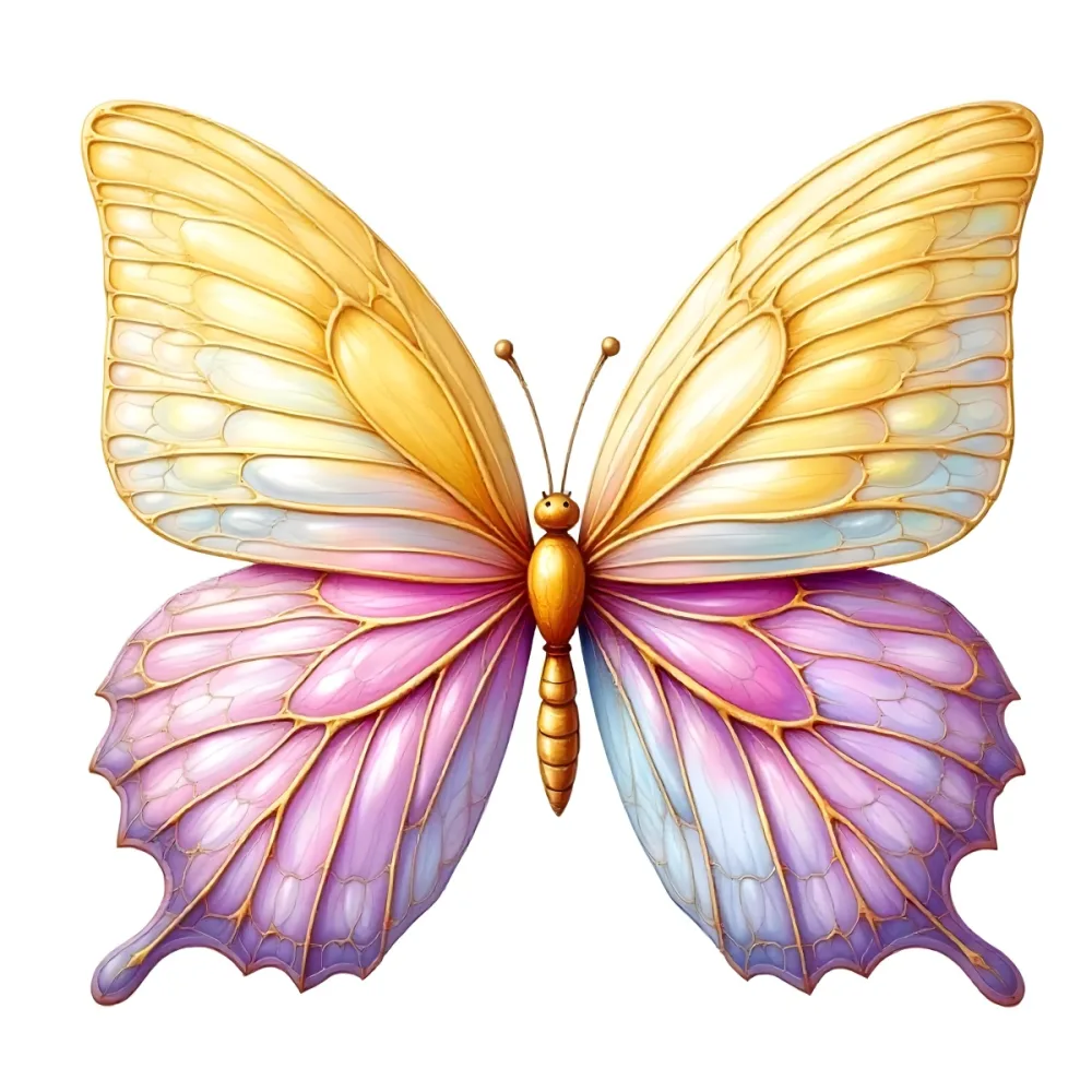 A Butterfly With Yellow Pink And Purple Wings Golden Veins Symmetrical Composition Centered Isolated On White Background Soft Light Vibrant Colors Detailed 28 Da80