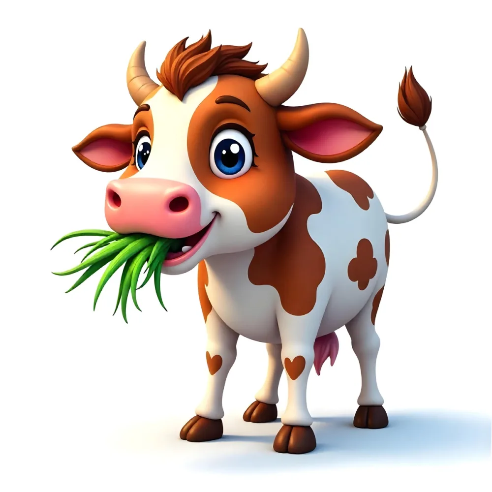 A Cartoon Cow With Brown And White Spots Eating Grass Standing On A White Background Cartoonish Style Cute Detailed Textures Soft Lighting Playful Vibrant Colors 12 A5ee