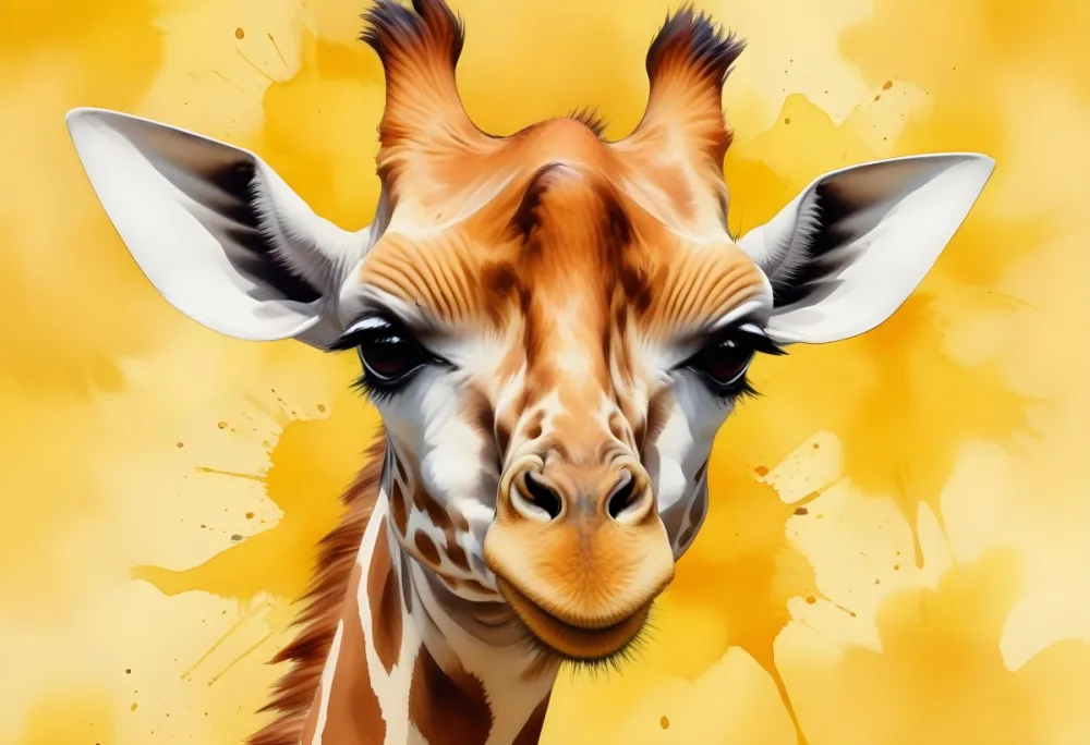 A Close Up Portrait Of A Giraffe With Large Expressive Ears Against A Bright Yellow Background 7 A12a