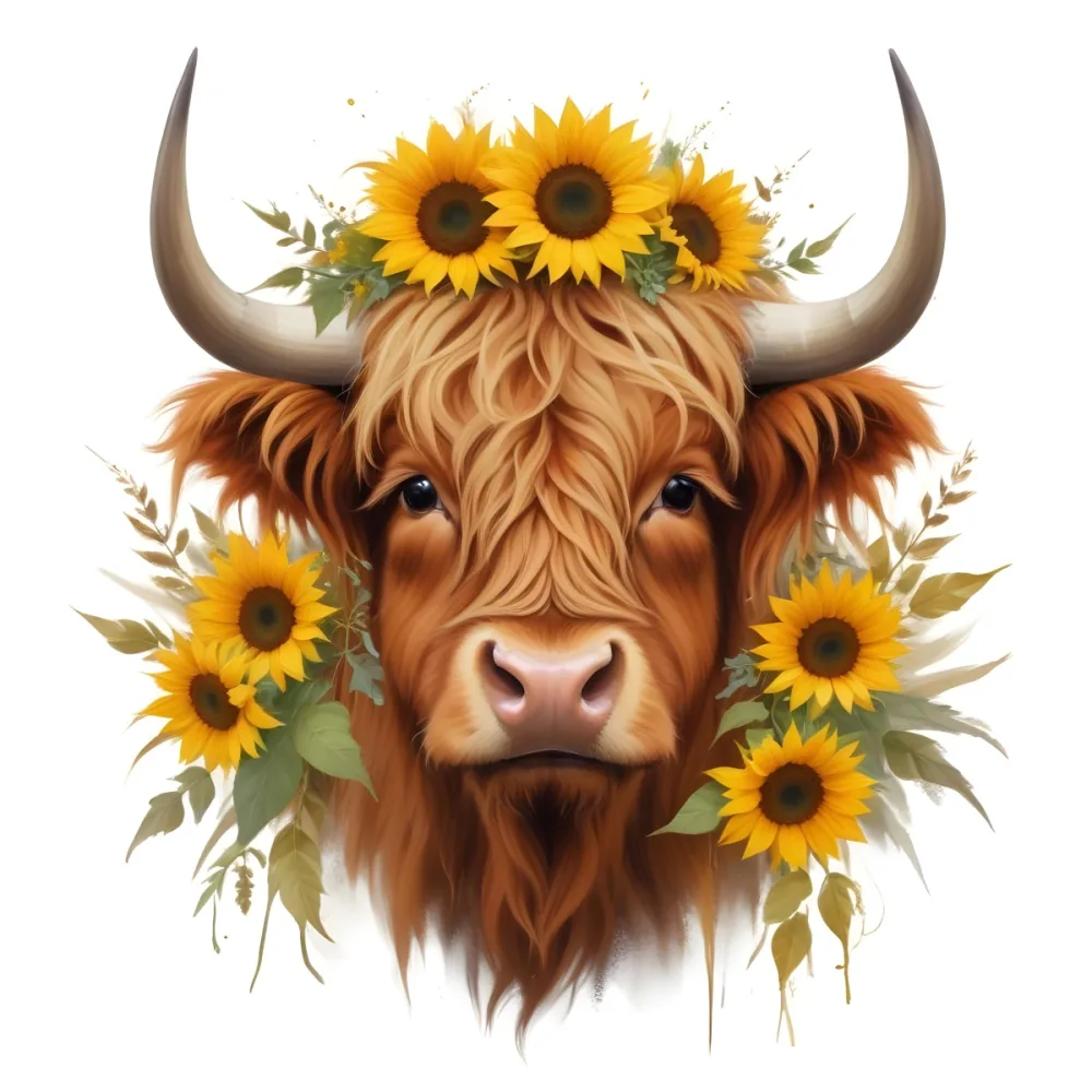 A Close Up Portrait Of A Highland Cow With Long Shaggy Reddish Brown Fur The Cow Has Large Horns And A Friendly Expressive Face The Cow Is Surrounded By A Wreath Of Vibrant Yellow Sunflowers 11 97bb