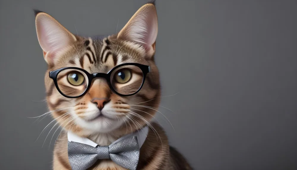 A Close Up Portrait Of A Tabby Cat Wearing Glasses And A Bowtie Against A Plain Gray Background 16 2df1