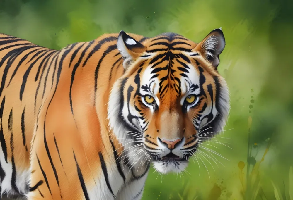 A Close Up Portrait Of An Adult Bengal Tiger With Striking Orange And Black Striped Fur Piercing Yellow Eyes And A Powerful Expression Against A Blurred Green Natural Background 23 6407