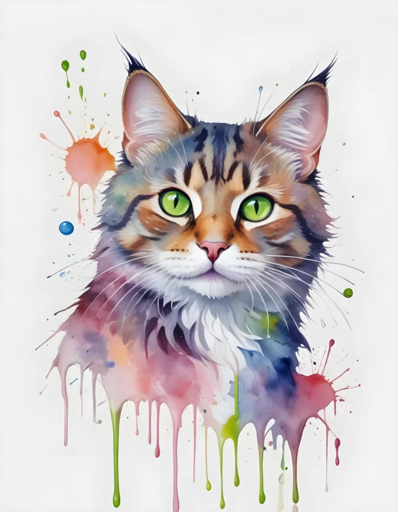 A Colorful Cat With A White Nose And Green Eyes Watercolor Painting With Dripping Paint White Background 37 6b59