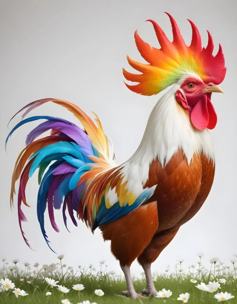 A Colorful Rooster With A White Crest White Feathers And A Rainbow Tail Standing In A Field Of White Flowers On A White Background 98 67a6