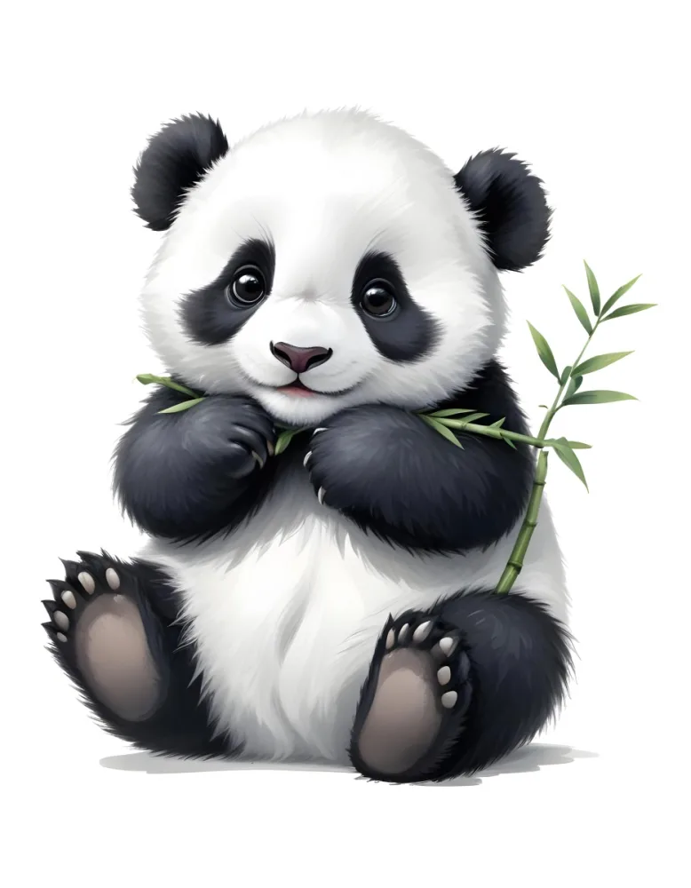 A Cute Baby Panda Sitting With A Bamboo Branch Fluffy Fur Black And White Big Eyes Cartoonish Style Isolated On White Background Soft Lighting Adorable Expression 30 Dc3e