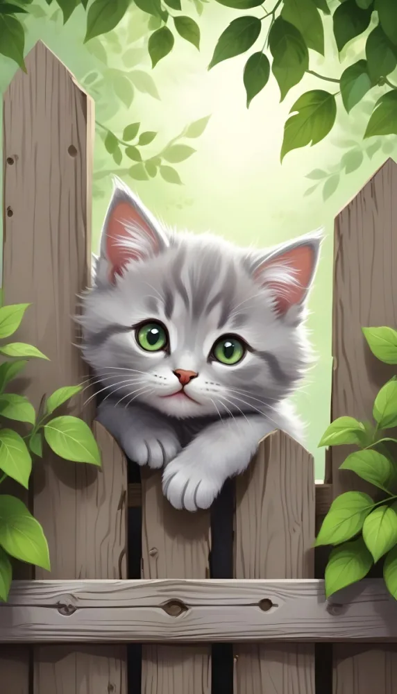 A Cute Fluffy Grey Kitten With Green Eyes Peeking Over A Wooden Fence Surrounded By Green Leaves Bright And Cheerful Cartoonish Style Soft Lighting Whimsical Illustration 25 Afae