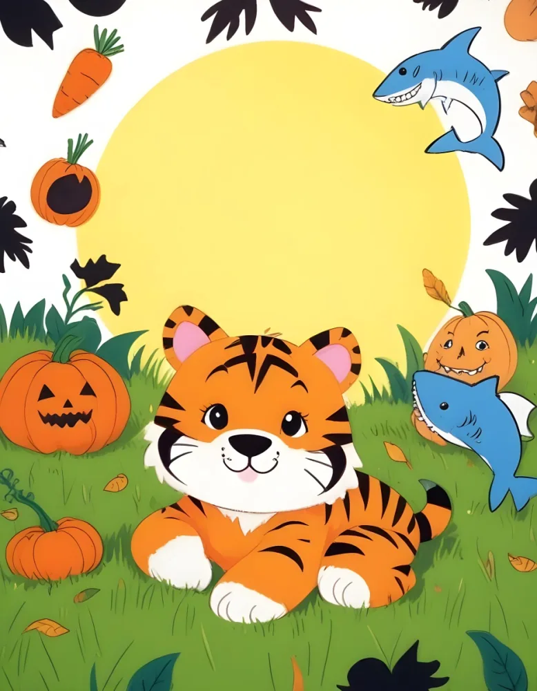 A Cute Tiger With Black Stripes Lying On The Grass A Black Sun In The Background A Pencil A Carrot A Shark A Drum And A Pumpkin 73 45c9