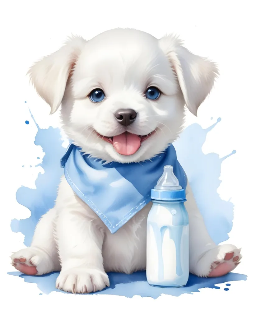 A Cute White Puppy With A White Bib Holding A Baby Bottle With Milk White Cheeks Happy Expression Blue Background 3 9128
