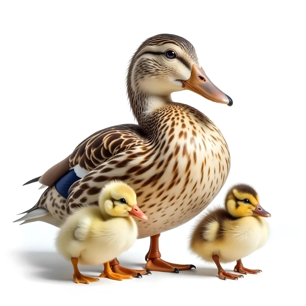 A Duck With Brown And Beige Feathers Standing Next To Two Small White Ducklings With White Feet On A White Background 40 8b50