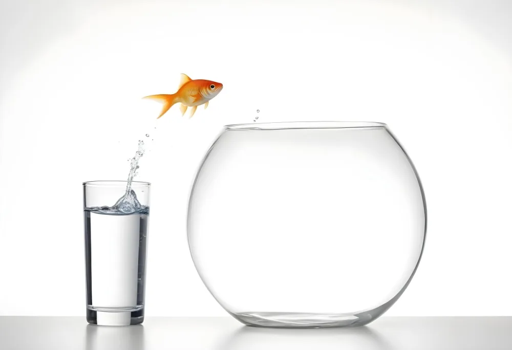 A Goldfish Jumping From A Glass Of Water To A Fishbowl The Glass Is Full Of Water The Fishbowl Is Empty White Background 26 D345