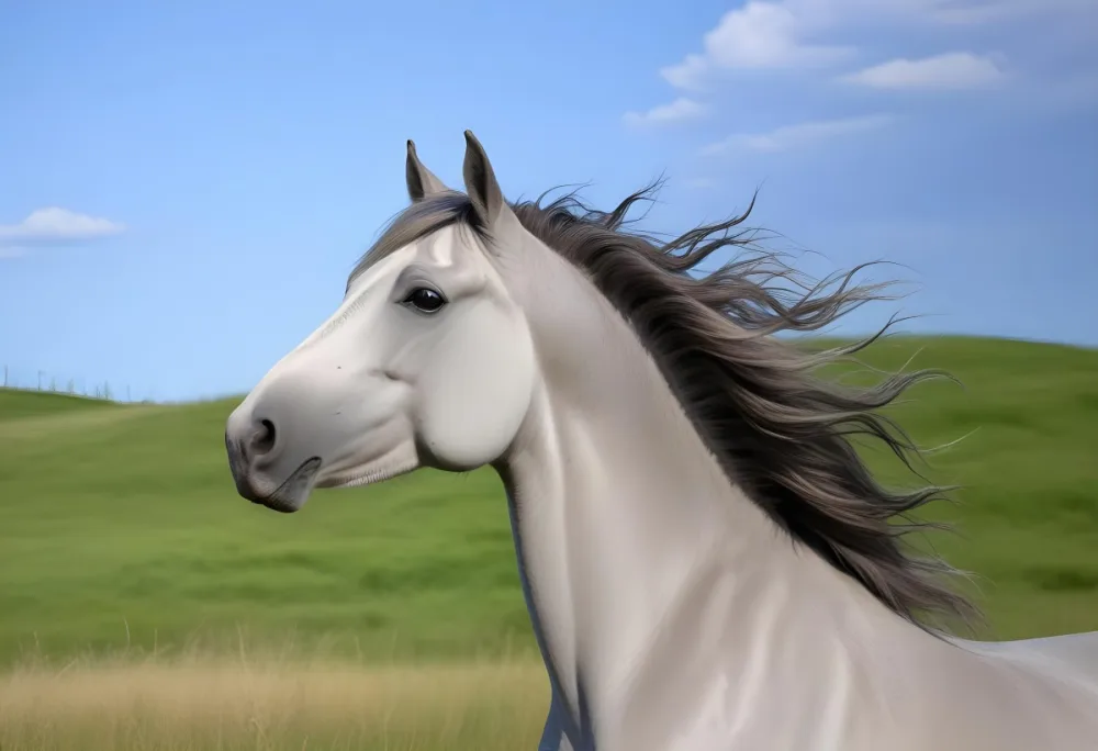 A Gray Horse With A Flowing Mane Against A Blue Sky And Green Grass Background 193 A471