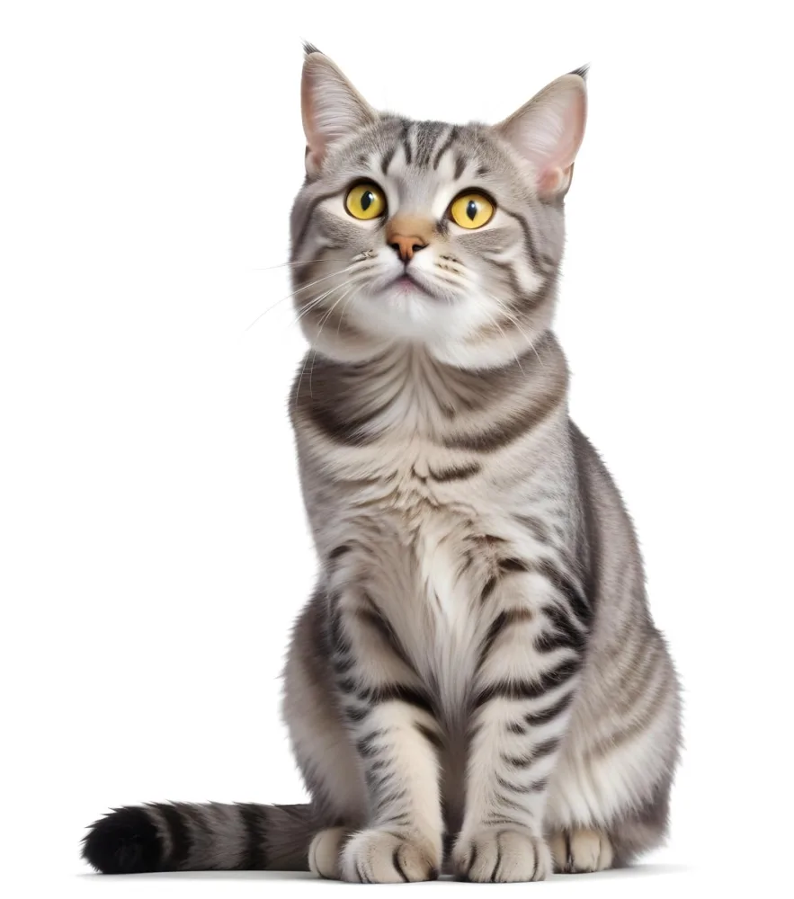 A Gray Tabby Cat With Yellow Eyes Sitting Upright Looking Upwards With A Gray Background 12 B8a3