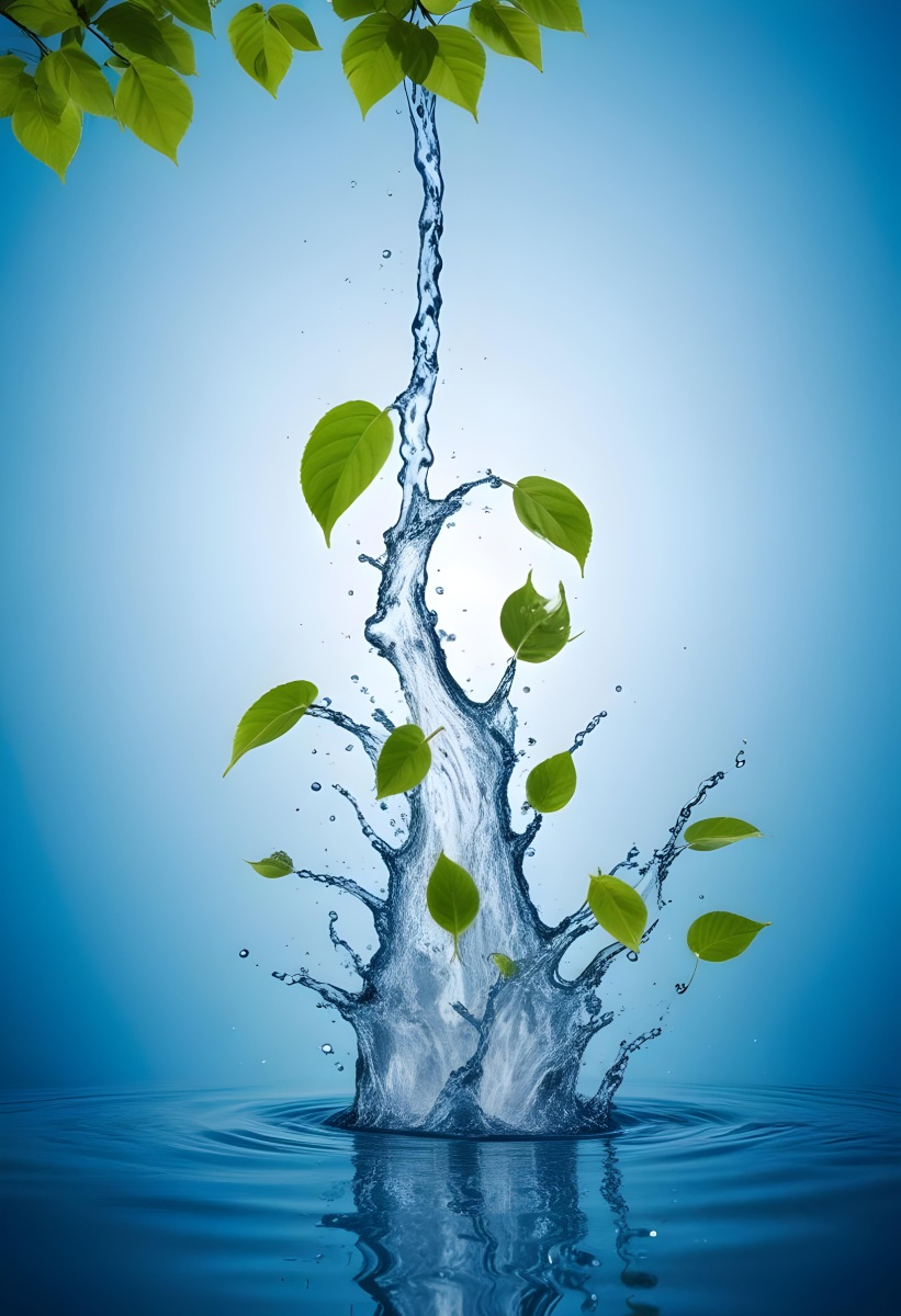 A Green Leaf Falling Into A Splash Of Water Against A Blue Background 15