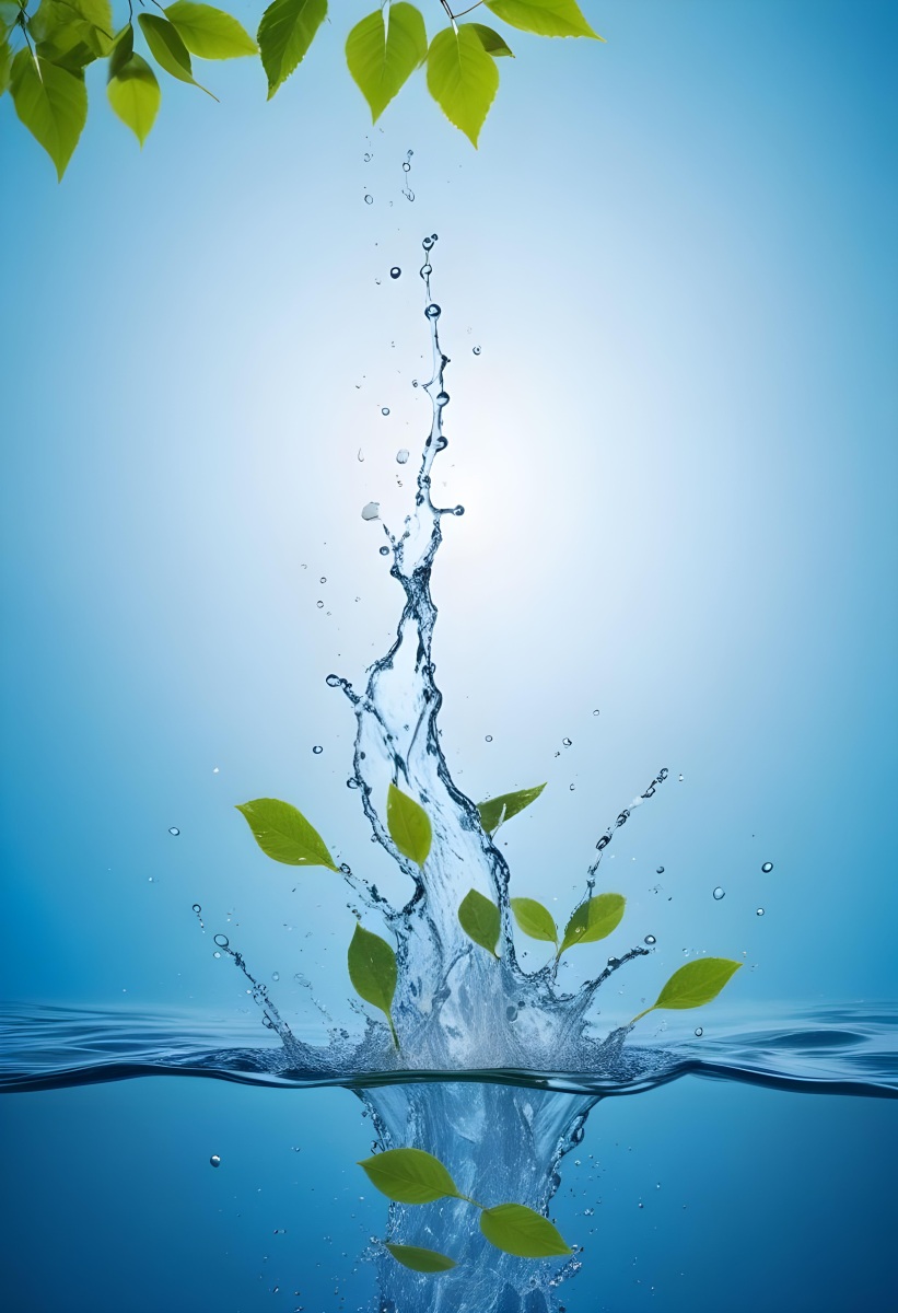 A Green Leaf Falling Into A Splash Of Water Against A Blue Background 16