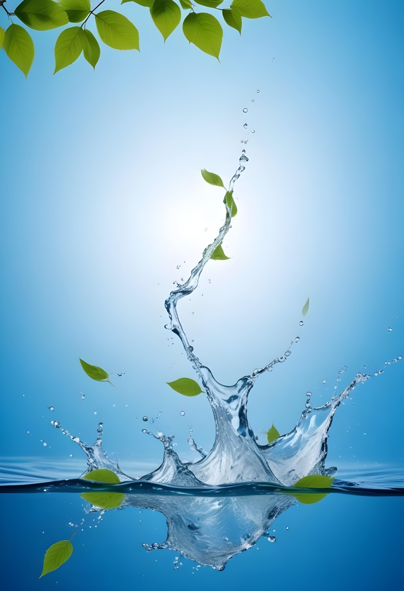 A Green Leaf Falling Into A Splash Of Water Against A Blue Background 17